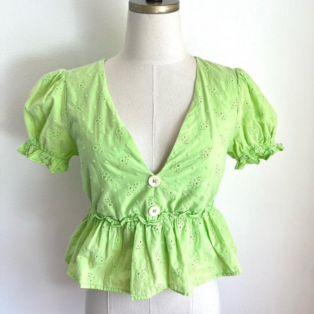 LINE & DOT Willow V-Neck Top Neon Green Size Small RTW